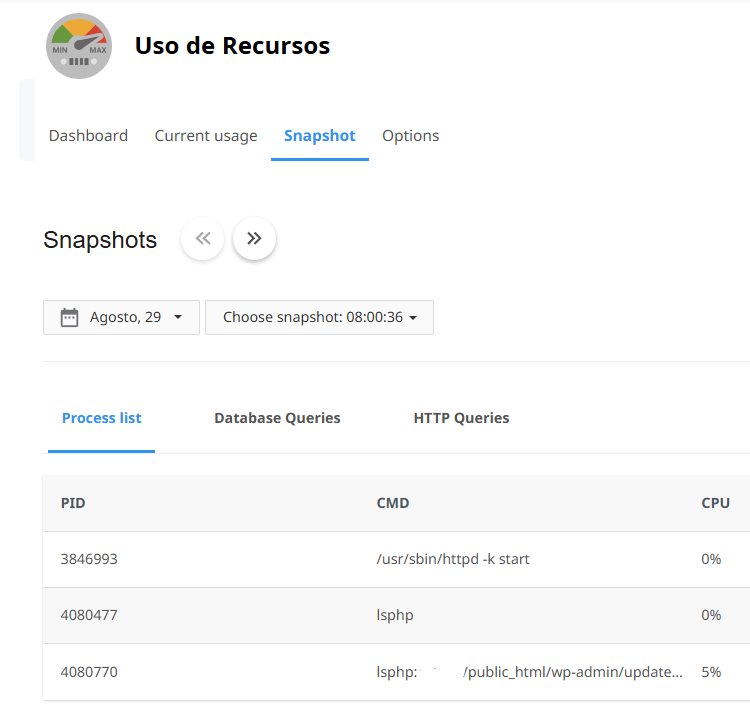 Snapshots de uso de recursos